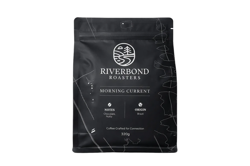 A black bag of Riverbond Roasters Morning Current coffee